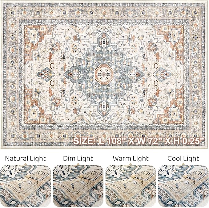 6x9 Area Rugs Living Room: Washable Boho Large Neutral Vintage Soft Rug Stain Resistant Distressed Farmhouse Non-Slip Indoor Floor Carpet for Bedroom Nursery Kids Office Dining Room- Beige Blue