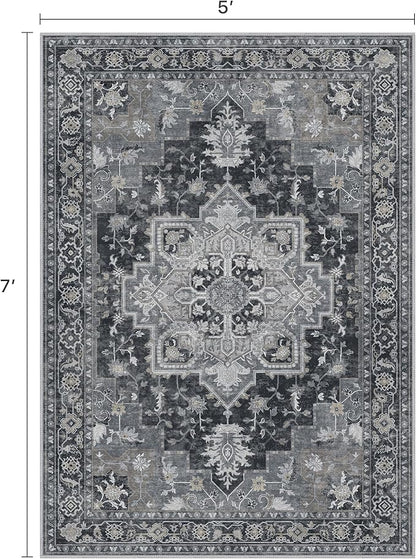 5x7 Area Rugs for Living Room, Machine Washable Rug, Non Slip Vintage Rugs, Low Pile Lightweight Print Rug for Bedroom, Dining Room, Home Office, Dark Gray