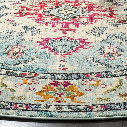 SAFAVIEH Monaco Collection Area Rug - 11' Round, Light Blue & Fuchsia, Boho Chic Medallion Distressed Design, Non-Shedding & Easy Care, Ideal for High Traffic Areas in Living Room, Bedroom (MNC243J)