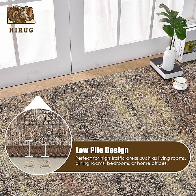 Washable Area Rug 5' x 7' Vintage Traditional Persian Mat - Foldable Distressed Non-Slip Machine Washable Carpet for Living Room Bedroom Kitchen Home Decor - Umber and Slate