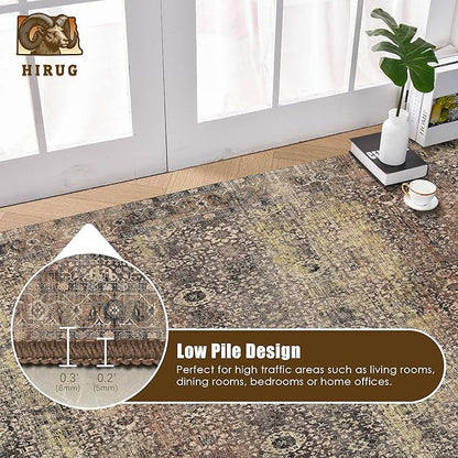 Washable Area Rug 9' x 12' Vintage Traditional Persian Mat - Foldable Distressed Non-Slip Machine Washable Carpet for Living Room Bedroom Kitchen Home Decor - Umber and Slate