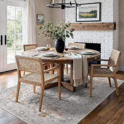 5X7 Area Rugs for Living Room, Machine Washable Non Slip Vintage Rugs, Low Pile Lightweight Print Rug for Bedroom, Dining Room, Home Office, Light Taupe Brown