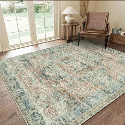 GENIMO Machine Washable 8x10 Area Rugs for Living Room, Non Slip Vintage Rugs, Low Pile Lightweight Chenille Print Rug for Bedroom, Dining Room, Home Office, Light Brown & Pink