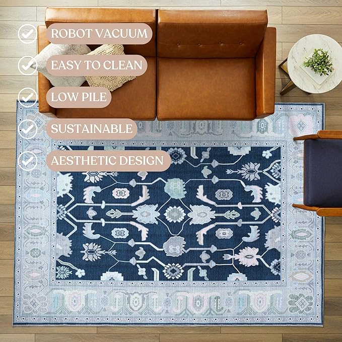 Fame Living Navy Blue Oushak Runner Rug, Modern Runners, Vintage, Turkish, Eclectic, Floral, Pastel, Washable, Long Runner Rugs for Hallway, Kitchen, Living Room, Bedroom, Kitchen, Bathroom, 2'5"x13'