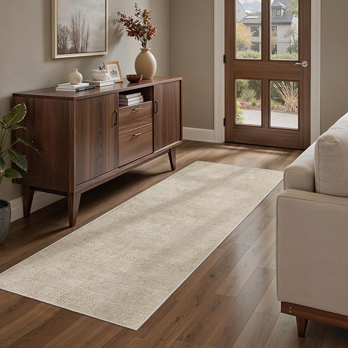 Art&Tuft 2x5 Runner Rug - Washable Runner Rugs, Non-Slip Runner Rug for Hallway, High Low Pile Textured Stripe 2x5 Rug Runner Throw Carpet for Entrance Entryway Bedroom Living Room Kitchen, Beige