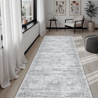 Washable Runner Rug, 2'6" x 8' Non-Slip Kitchen Vintage Foldable Hallway Runners for Entryway, Laundry, Bedroom, Grey
