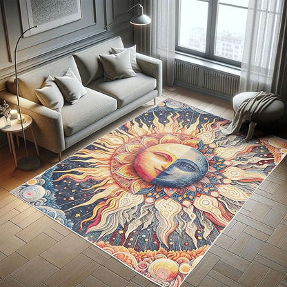 Ambesonne Sun and Moon Decorative Rug, Modern Esoteric Celestial Lunar Motif with Boho Paisley Details, Quality Carpet for Bedroom Dorm and Living Room, 2' 2" x 3' 7", Pale Orange Indigo Beige