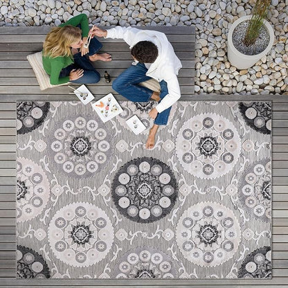 CAMILSON Indoor Outdoor Rug 10x14 Bohemian Medallion Floral Area Rugs for Indoor and Outdoor Patios Easy-Cleaning Non-Shedding Living Room Garden and Kitchen Washable Outside Carpet (10 x 14 / Gray)