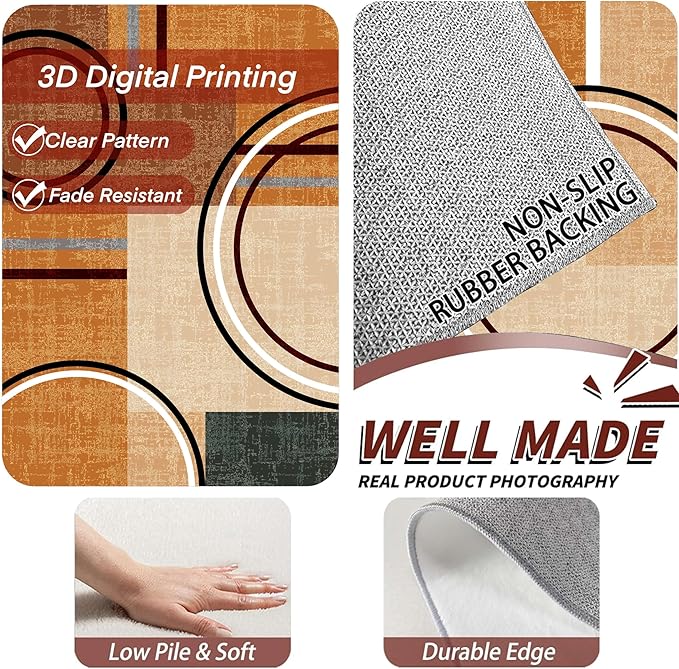 Modern Wavy Circles Area Rug 5x7ft, Geometric Design Low Pile Carpet, Soft & Non-Slip Washable Mat for Living Room, Bedroom, Dining Room