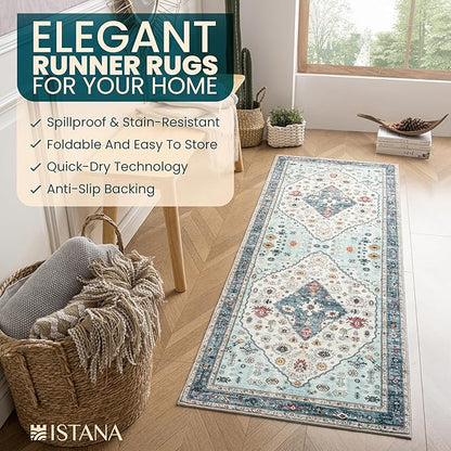Istana Hallway Runner Rug 2x8 – White Cream/Blue Entryway Rug -Silk's Soft Touch Runners for Hallways - Stylish Kitchen Runner Rug Non Slip