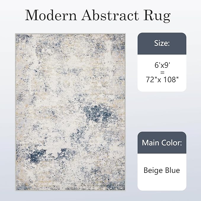 6x9 Washable Area Rugs - Modern Abstract Rugs for Living Room Non-Slip Low Pile Soft Machine Washable Carpet for Bedroom, Dining Room, Nursery, Home Office, Farmhouse (6'x9' Beige Blue)