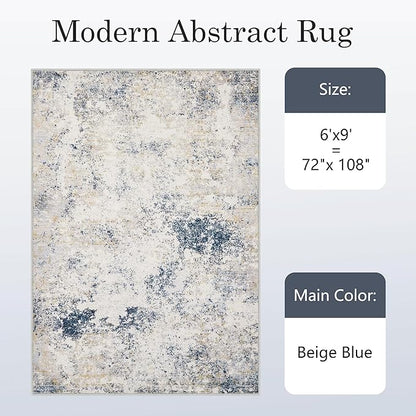 6x9 Washable Area Rugs - Modern Abstract Rugs for Living Room Non-Slip Low Pile Soft Machine Washable Carpet for Bedroom, Dining Room, Nursery, Home Office, Farmhouse (6'x9' Beige Blue)