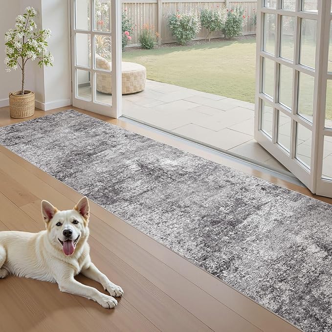 Washable Runner Rug for Hallway: 2.6x12 Neutral Modern Abstract Low Pile Area Rug with Non-Slip Backing - Carpet for Bedroom Kitchen Laundry Entryway Bathroom Indoor - Grey