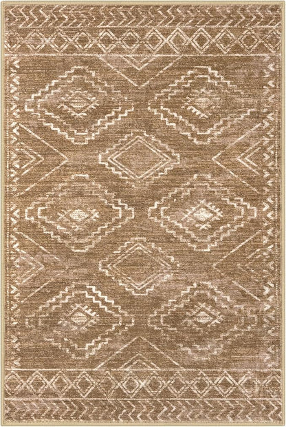KILOCOCO Entryway Rug 3x5 Area Rug Boho Washable Non Slip Printed Throw Rugs Soft for Kitchen Living Room Dining Bedroom Geometric Moroccan Carpet, Yellow Brown Orange