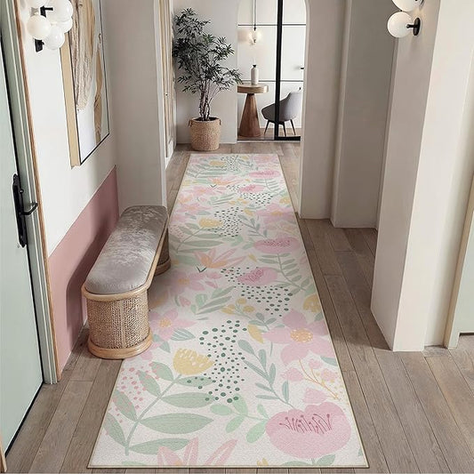 Floral Runner Rug 3x10 Washable Hallway Pink Bedroom Non Slip Cute Long Kitchen Carpet Botanical Indoor Soft Accent Rug for Bathroom Dining Laundry Living Room