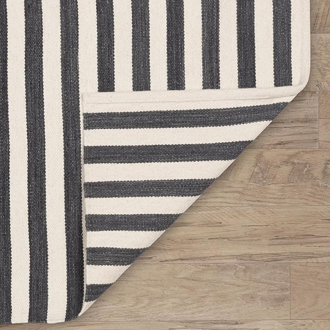 Home Conservatory Ladder Stripe Black/Ivory Handwoven Wool 5 X 8 Feet, Black/Ivory Stripe Pattern