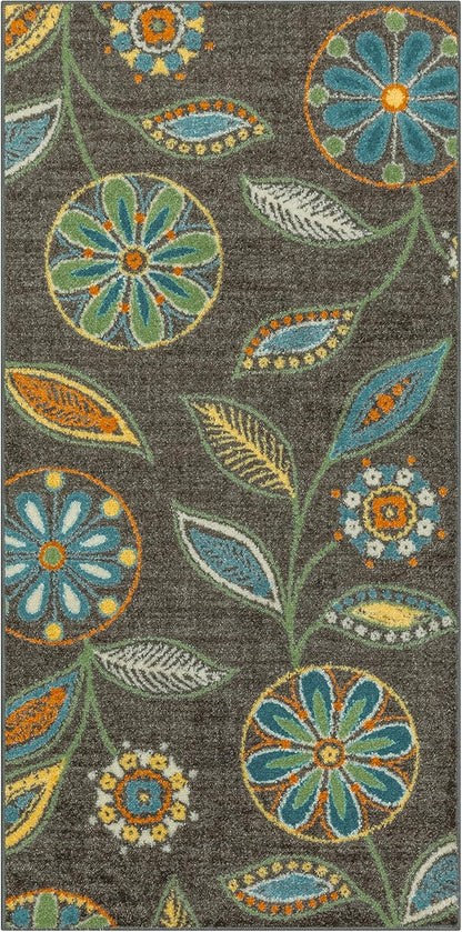 Maples Rugs Reggie Floral Runner Rug - Made in USA - Washable, Non Slip Indoor Carpet for Kitchen, Hallway, and Laundry Room, 2'6" x 5', Dark Grey