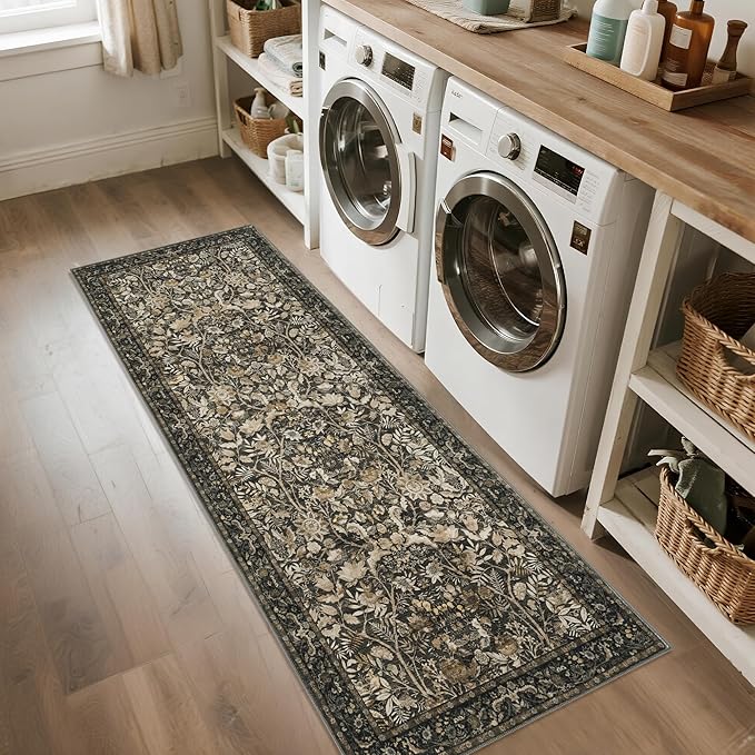 Washable Runner Rug 2x6: Vintage Boho Floral Carpet Runners for Hallway Entryway Non-Slip - Soft Botanical Low Pile Thin Mat for Kitchen Bathroom Bedroom Laundry Floor Decor - Dark Brown