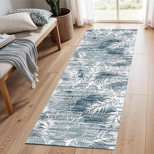 Blue White Tropical Runner Rug 2x10ft - Indoor Outdoor Non-Shedding Washable Carpet, Soft Durable Floor Mat for Patio, Hallway, Kitchen, Living Room