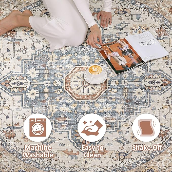 Round Rug Living Room Rugs: 7x7 Washable Boho Neutral Large Circle Soft Indoor Distressed Stain Resistant Floor Farmhouse Carpet for Bedroom Nursery Kids Playroom Office Dining Room Dorm- Beige Blue