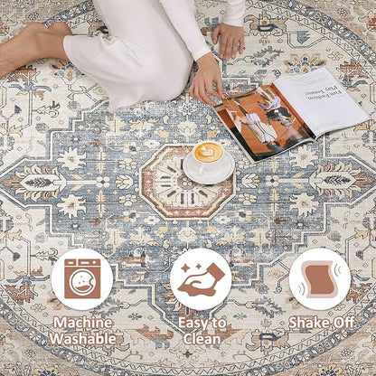 Round Rug Living Room Rugs: 4x4 Washable Boho Neutral Large Circle Soft Indoor Distressed Stain Resistant Floor Farmhouse Carpet for Bedroom Nursery Kids Playroom Office Dining Room Dorm- Beige Blue