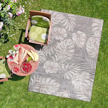 CAMILSON Indoor Outdoor Rug, Beige 5x7 Leaf Tropical Botanical Area Rugs for Indoor and Outdoor patios, Easy-Cleaning Non-Shedding Living Room, Garden and Kitchen Washable Outside Carpet (5 x 7)
