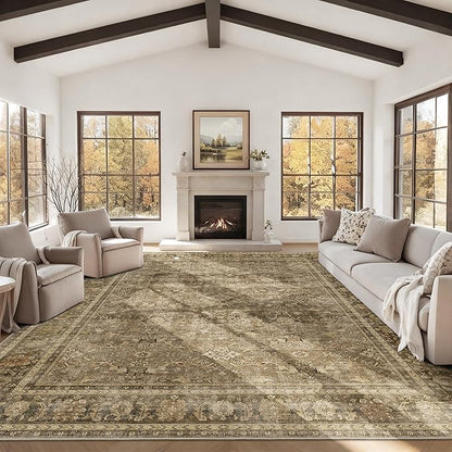 HelloTree Washable Rugs 9x12 Area Rug for Living Room, Vintage Boho Brown Rug Non Slip Carpet Retro Accent Indoor Mat Print Distressed Low Pile Throw Large Rug for Office Dining Room Bedside-Brown