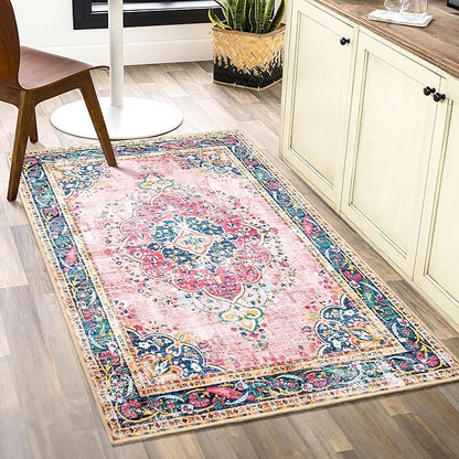 Small Area Rug 2x3 Pink Boho Bathroom Rug for Entryway Kitchen Blush Thin Foldable Vintage Throw Rug Low Pile Non Slip Washable Indoor Carpet