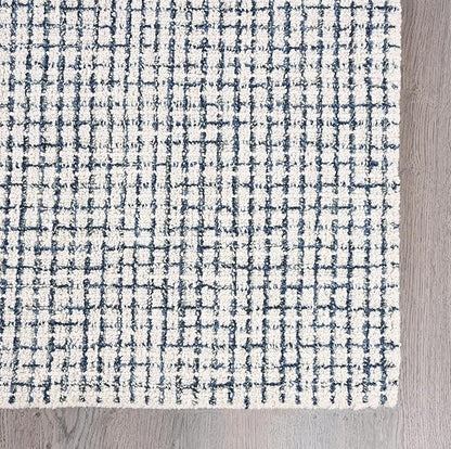 Hand-Tufted 100% Wool Pile Area Rug – Geometric Textured Grid Check Pattern – Thick and Durable Floor Carpet for Bedroom, Living Room, Kids Room, and Dining Area (Ivory, Denim, 6' Round)