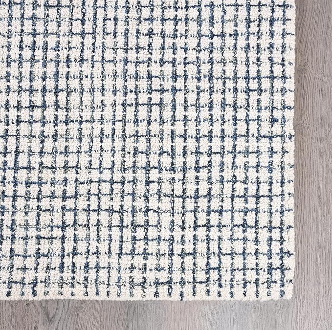 Hand-Tufted 100% Wool Pile Area Rug – Geometric Textured Grid Check Pattern – Thick and Durable Floor Carpet for Bedroom, Living Room, Kids Room, and Dining Area (Ivory Denim, 5' x 8')