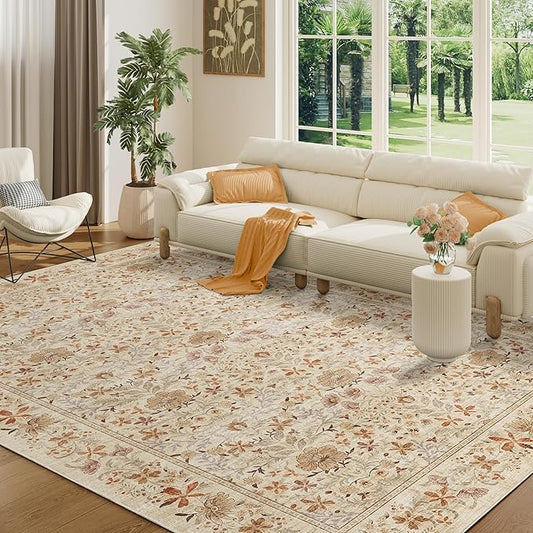 DUKINO 6x9 Rugs for Living Room, Vintage Washable Rug with Non Slip Backing, Floral Low Pile & Non-Shedding Large Area Carpets for Bedroom, Dining Room, Farmhouse, Home Office, Beige
