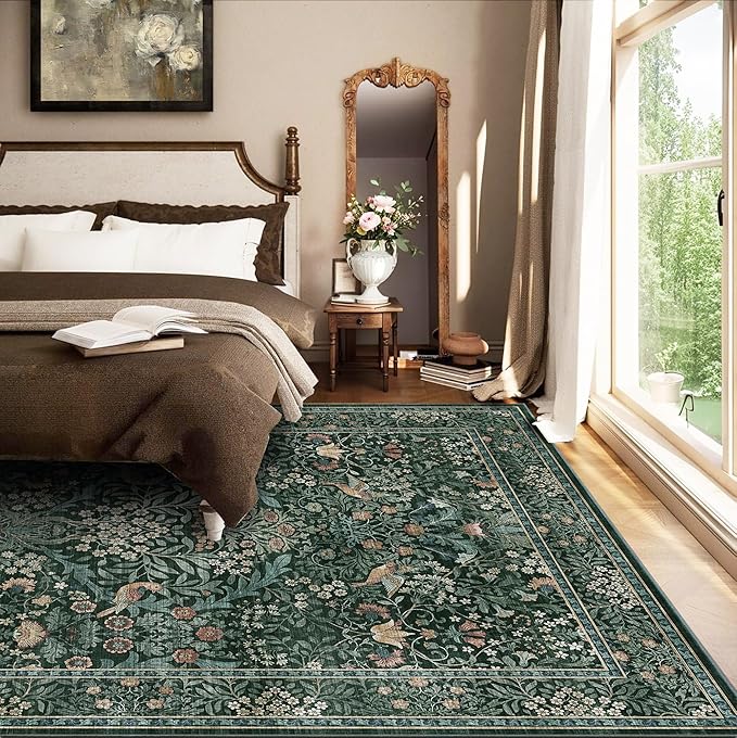 6x9 Floral Washable Area Rug for Living Room, Vintage Boho Rugs for Bedroom Dining Room, Botanical Birds Non Slip Low Pile Forest Throw Carpet for Farmhouse Office, Retro Green/Blue