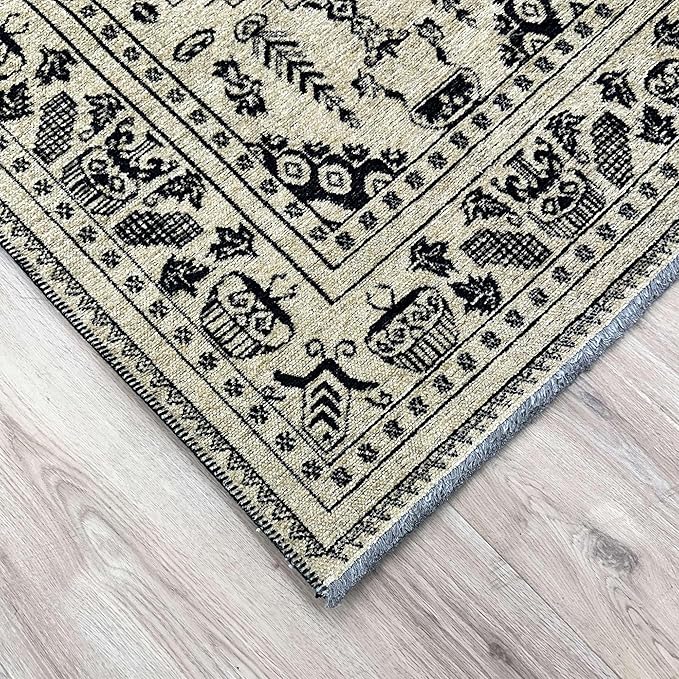 Alfa Rich 3x5 Beige Black Washable Area Rugs for Living Room Bedroom Kitchen Dining Cotton Runner