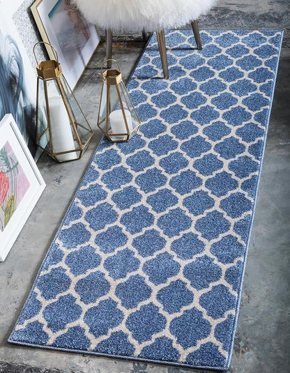 Rugs.com Lattice Collection Rug – 10 Ft Runner Light Blue Medium Rug Perfect for Hallways, Entryways