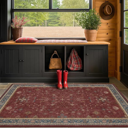Turkish 4x6 Rug for Living Room Small - Area Rug for Kitchen, Bedside, Foyer Large Entryway Indoor - Washable Stain Resistant Non Slip, Unique Victorian Art Deco, Maroon & Burgundy