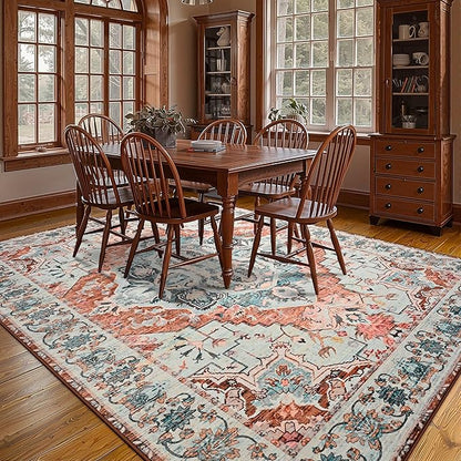 YJ.GWL Area Rugs for Living Room 9x12 Machine Washable Rugs, Non Slip Floral Vintage Rug Indoor Carpet, Stain Resistant Large Rug for Bedroom Dining Room, Copper Tan