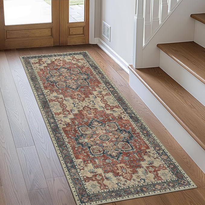 GENIMO 2x5 Runner Rugs for Hallway, Machine Washable Non Slip Vintage Rugs, Low Pile Lightweight Soft Print Rug for enrtyway, Corridor, Home Office, Kitchen, Bordeaux