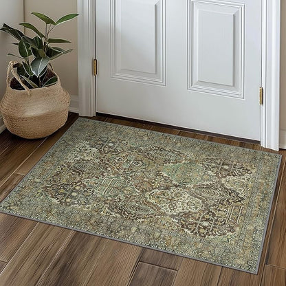 2x3 Entrance Rug Machine Washable Rug Small Door Mat,Ultra-Thin Low Pile Pad,Lightweight Indoor Carpet,Non Slip Floral Area Rug for Entryway,Bedside,Kids Room,Laundry,Bathroom,Sage Green