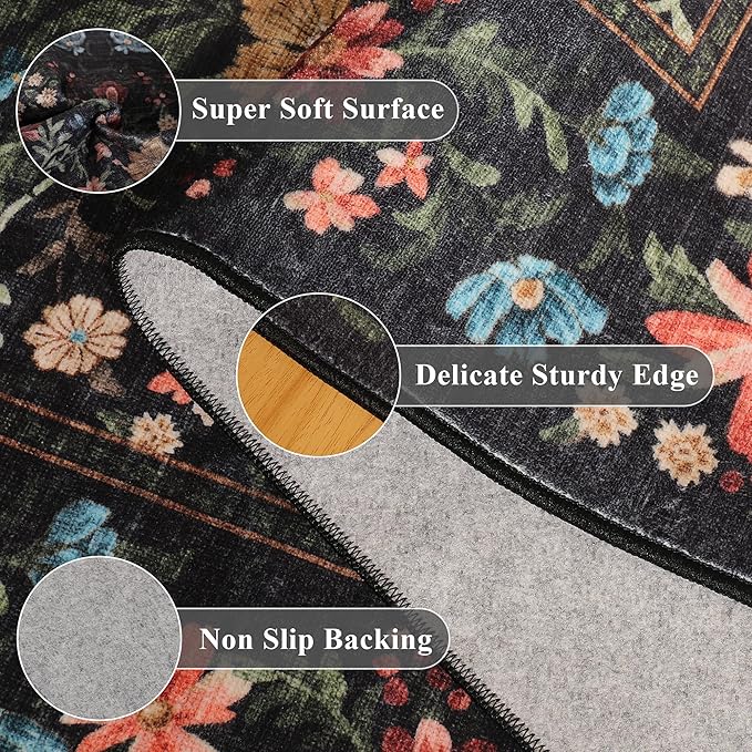 DUKINO 2.6x8 Runner Rug for Hallway, Washable Vintage Floral Kitchen Rug with Non Slip Backing, Soft Low Pile Throw Carpet Runner for Kitchen, Laundry, Hallway, Bathroom, Black