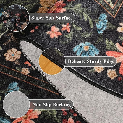 DUKINO 2.6x8 Runner Rug for Hallway, Washable Vintage Floral Kitchen Rug with Non Slip Backing, Soft Low Pile Throw Carpet Runner for Kitchen, Laundry, Hallway, Bathroom, Black