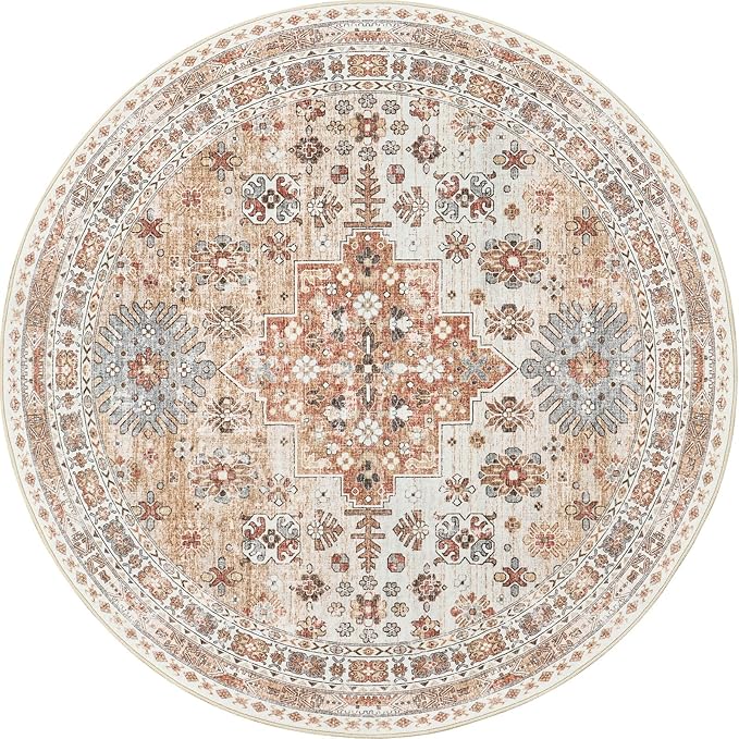 zesthome 9ft Round Rugs for Living Room, Non-Slip Washable Round Area Rugs, Ultra-Thin Large Circle Rugs, Soft Low Pile Rug for Bedroom, Kitchen - Vintage Stain Resistant Round Rug (Orange,9'x9')