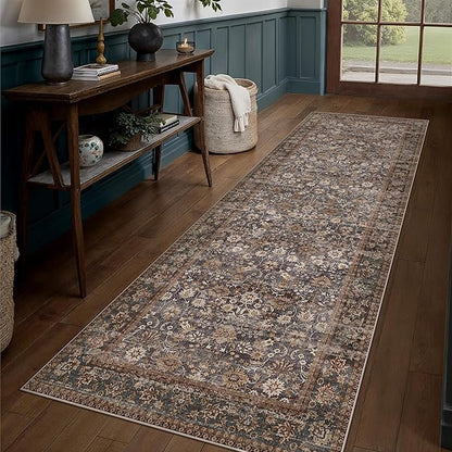 HUGEAR 3x10 Runner Rug Machine Washable Tradition Brown Hallway Area Rug Indoor Accent Rug Floral Low Pile Carpet Soft Throw Rug Bedroom Living Room Office Dining Room Kitchen Laundry Room Non Slip