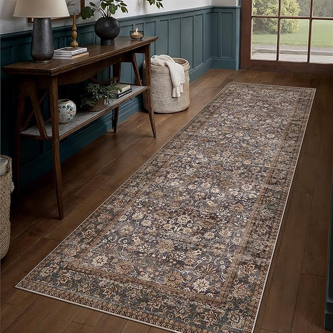 HUGEAR 2x8 Runner Rug Machine Washable Tradition Brown Hallway Area Rug Indoor Accent Rugs Floral Low Pile Carpet Soft Throw Rugs Bedroom Living Room Office Dining Kitchen Laundry Non Slip