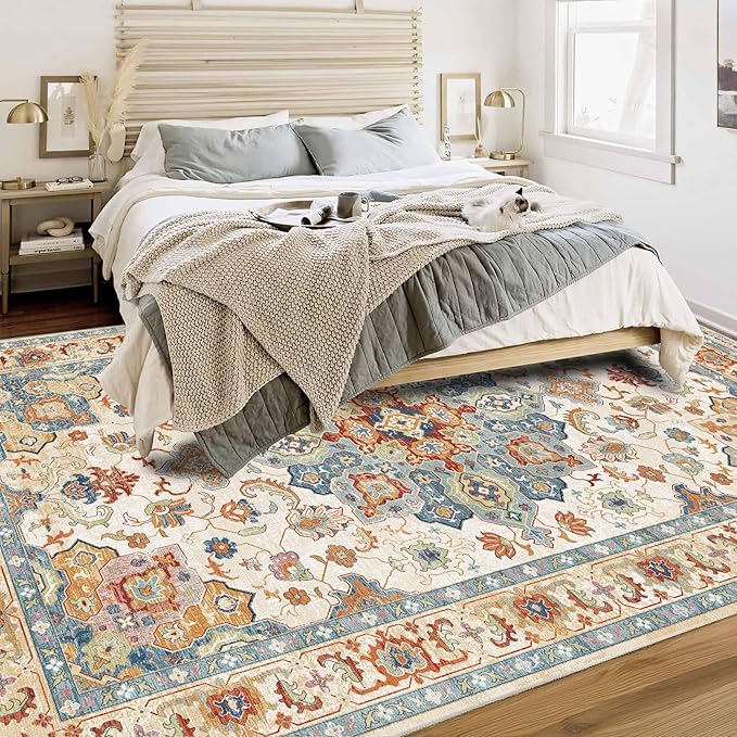 Enkor Area Soft Rugs 6x9 Washable Non Slip Boho Floor Rugs for Living Room Bedroom, Vintage Style Farmhouse Mat for Kitchen Entryway Orange & Beige