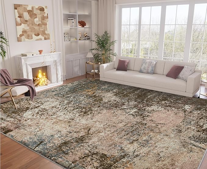 Arbosofe Modern Abstract Rug for Living Room, 6'x9' Washable Area Rug with Non-Slip Backing & Short Pile, Large Carpet with Abstract Pattern for Living Room Bedroom and Dining Floor Carpet Brown