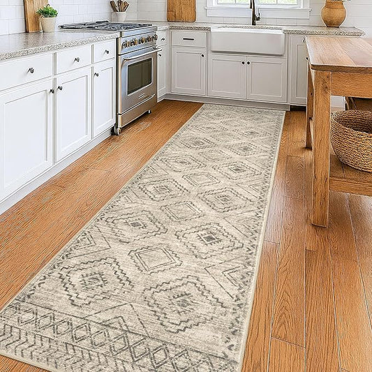 KILOCOCO Hallway Runner Rug 3'x10' Runners for Hallways Washable Runner Rug Non Slip Rubber Backed Low-Pile Runners for Bedroom Kitchen Living Room Laundry Room Boho Rugs, Beige/Gray/Green