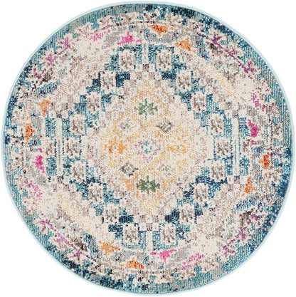 SAFAVIEH Madison Collection 3' Round Dark Blue / Yellow MAD418N Boho Diamond Distressed Non-Shedding Dining Room Entryway Foyer Living Room Bedroom Area Rug