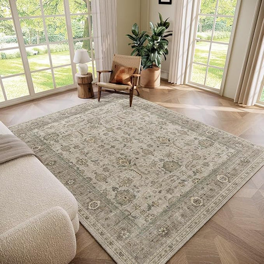 Washable 5x7 Area Rugs for Living Room, Boho Non-Slip Vintage Distress Rugs for Bedroom Dining Room Nursery Office, 0.3" Neutral Oriental Throw Thin Carpet with Cushioning Pad, Flaxen/Brown/Multi
