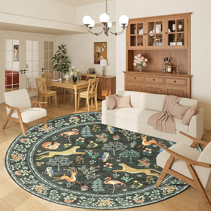 DUKINO 6ft Round Rug for Bedroom, Animal Print Washable Circle Rug with Low Pile Design, Soft Indoor Floor Non Slip Carpet for Entryway, Living Room, Office, Dining Room, Black