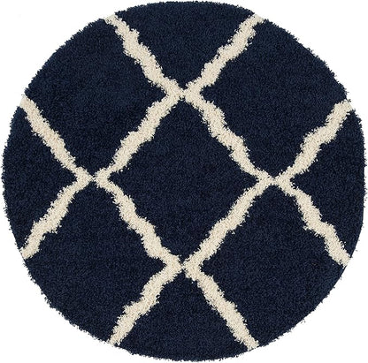 SAFAVIEH Dallas Shag Collection Area Rug - 6' Round, Navy & Ivory, Trellis Design, Non-Shedding & Easy Care, 1.5-inch Thick Ideal for High Traffic Areas in Living Room, Bedroom (SGD257N)